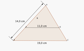 Trekant ABC er delt i to av linjestykket PQ som er 11,0 cm langt. BC er 19,0 cm og AB er 14,0 cm. x er linjestykket AP.